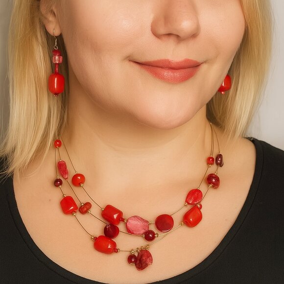Multi-Strand Gold, Red Seashell Beads Illusion 20" Necklace - Matching Earrings - Picture 1 of 12